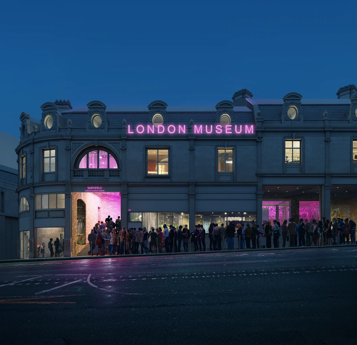 Entrance to the London Museum with pink neon sign