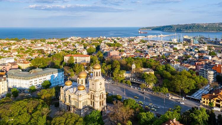 Aerial,View,Of,The,Dormition,Of,The,Theotokos,Cathedral,In Aerial view of the Dormition of the Theotokos Cathedral in Varna, Bulgaria