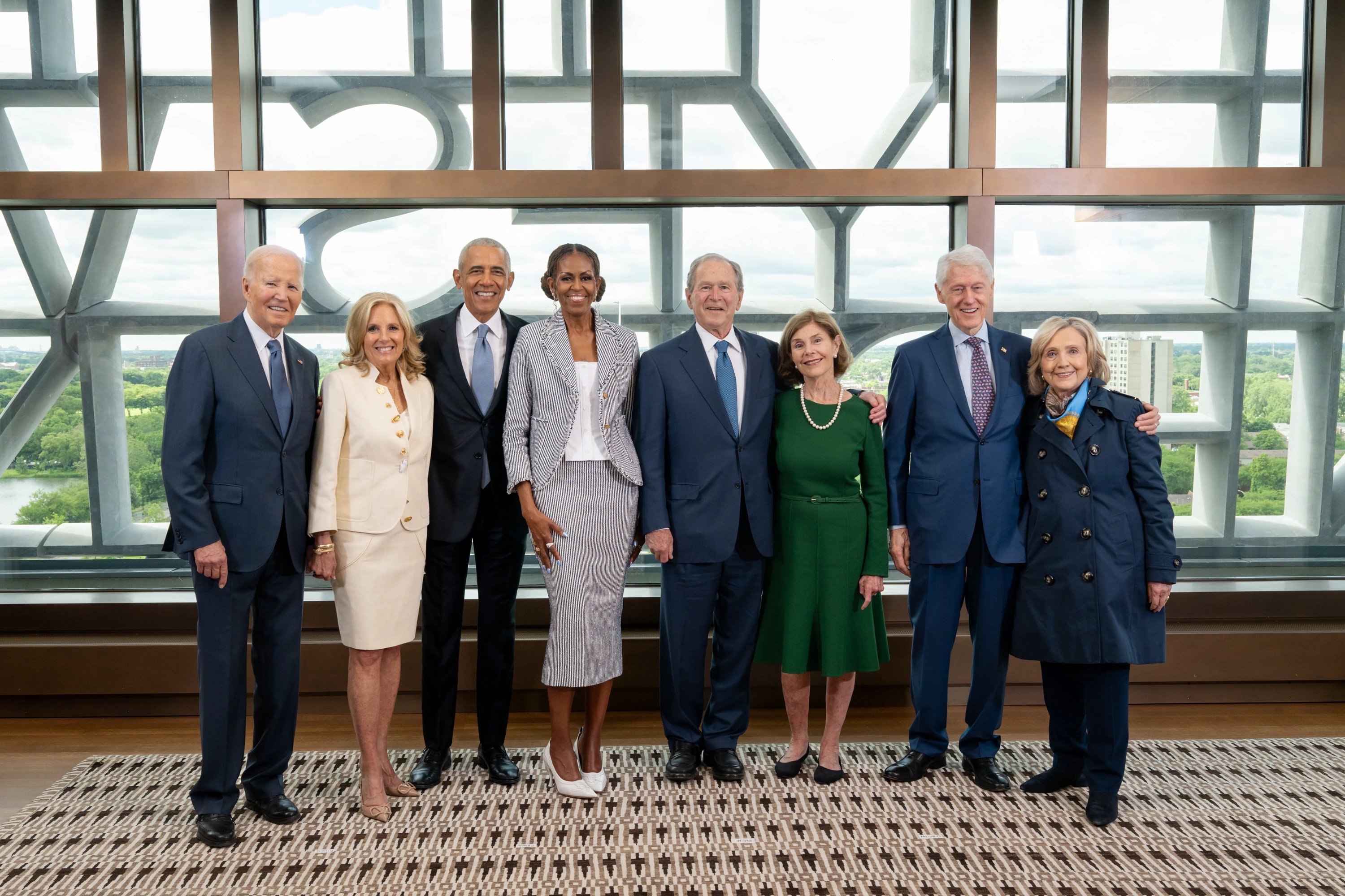 President and Mrs. Obama greet former Presidents and First Ladies in the Presidential Suite of The Obama Presidential Center Museum