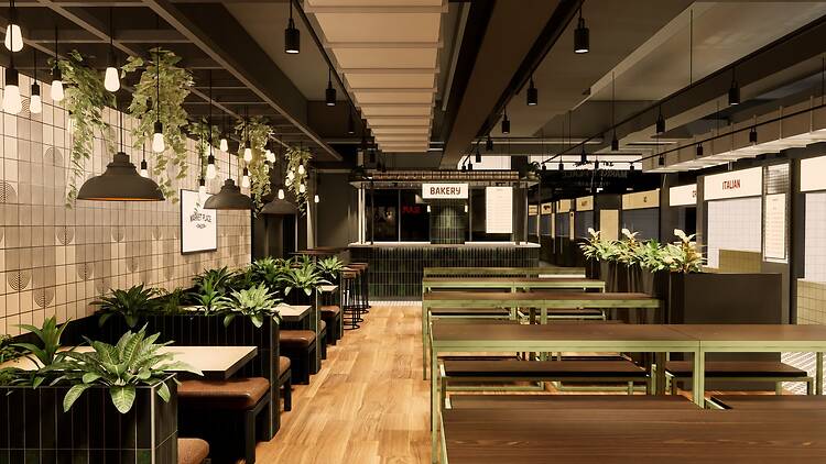 Render of seating inside Market Place Food Hall Victoria 