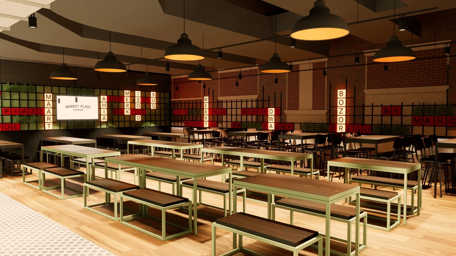 Render of seating inside Market Place Food Hall Victoria 