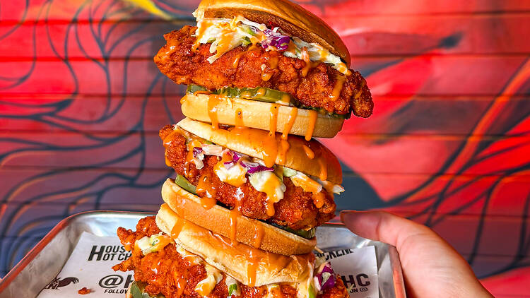 Spicy fried chicken sandwiches at Houston TX Hot Chicken Spicy fried chicken sandwiches at Houston TX Hot Chicken