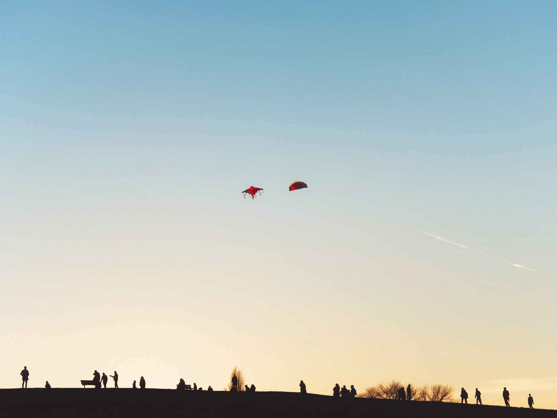 Londoners flying kites on Hampstead Heath at sunset