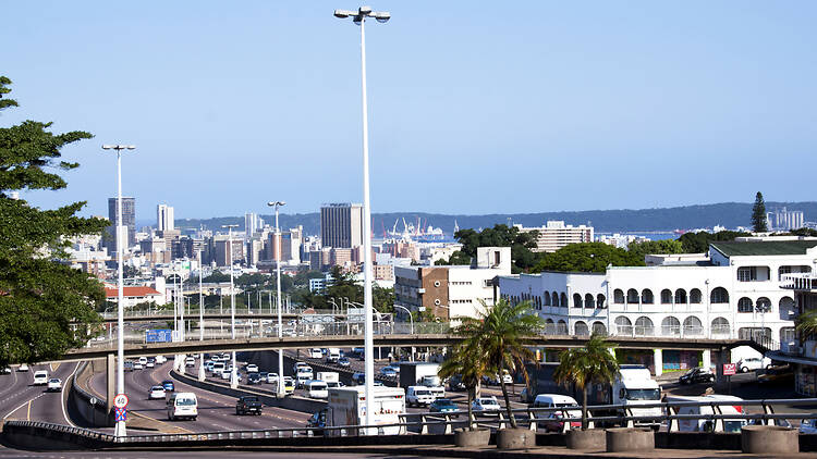  Many vehicles enter and leave central business district along Western Freeway in Durban, South Africa