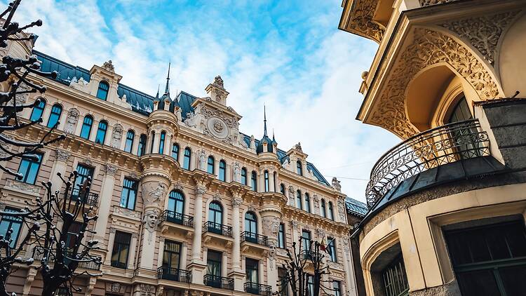 Art Nouveau architecture on a building facade in Riga, Latvia