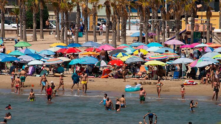 Crowded beach in Valencia, Spain