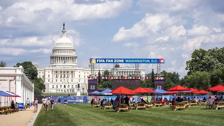 A wide shot of people watching a big screen from under tents in a park. A wide shot of people watching a big screen from under tents in a park.