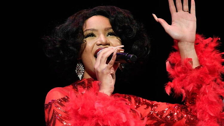 Close-up of a person singing and dressed in a red, sequined, feathery dress Close-up of a person singing and dressed in a red, sequined, feathery dress