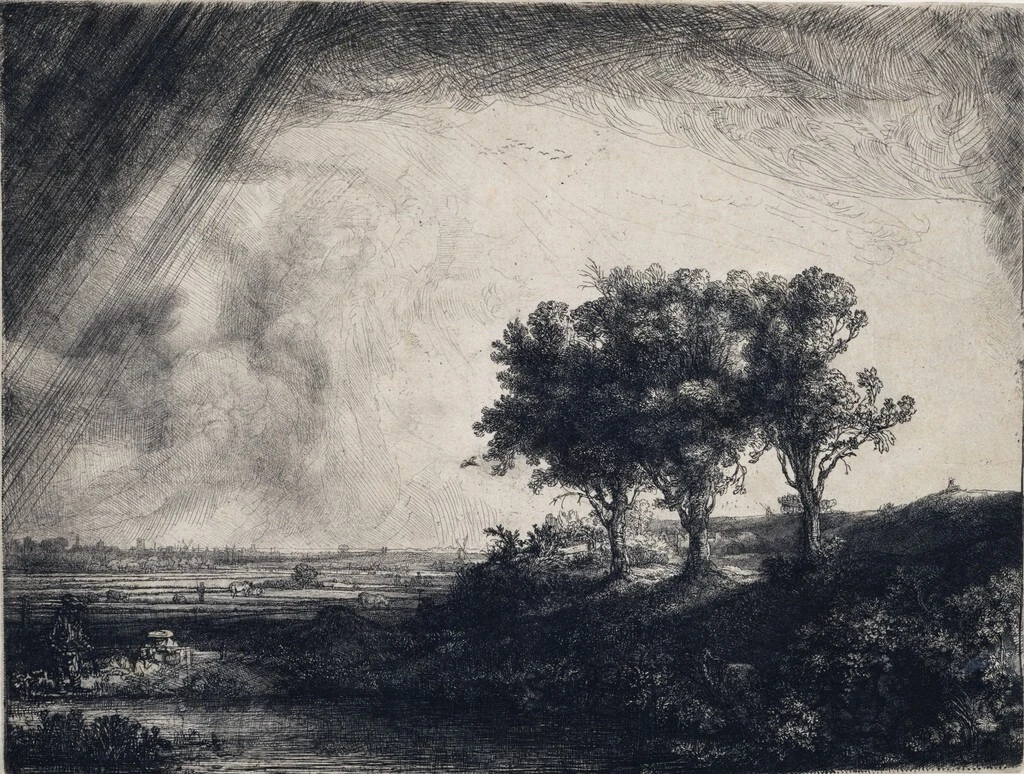 Rembrandt Harmenszoon van Rijn, &lsquo;The Three Trees&rsquo;, 1643. Etching with drypoint and burin. The National Museum of Western Art