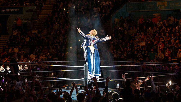 Wide shot of a wrestler posing in a wrestling ring surrounded by a large crowd