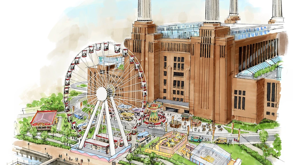 Battersea Power Station beside modern London residential buildings