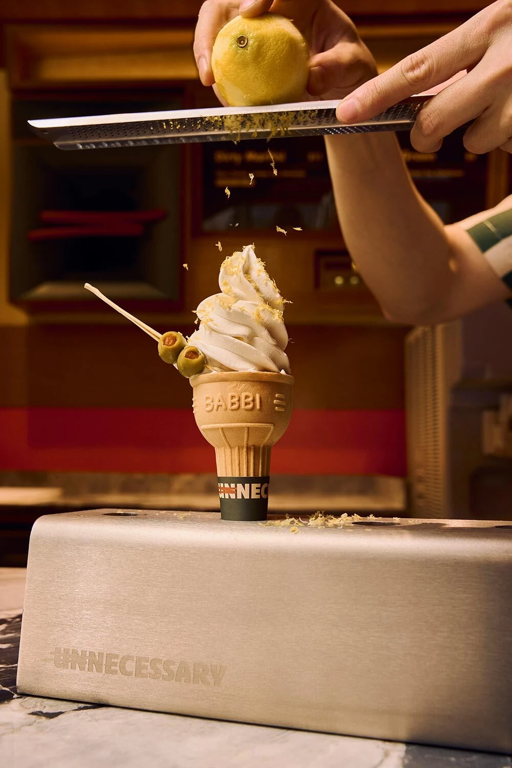 Unnecessary's Dirty Martini soft serve.