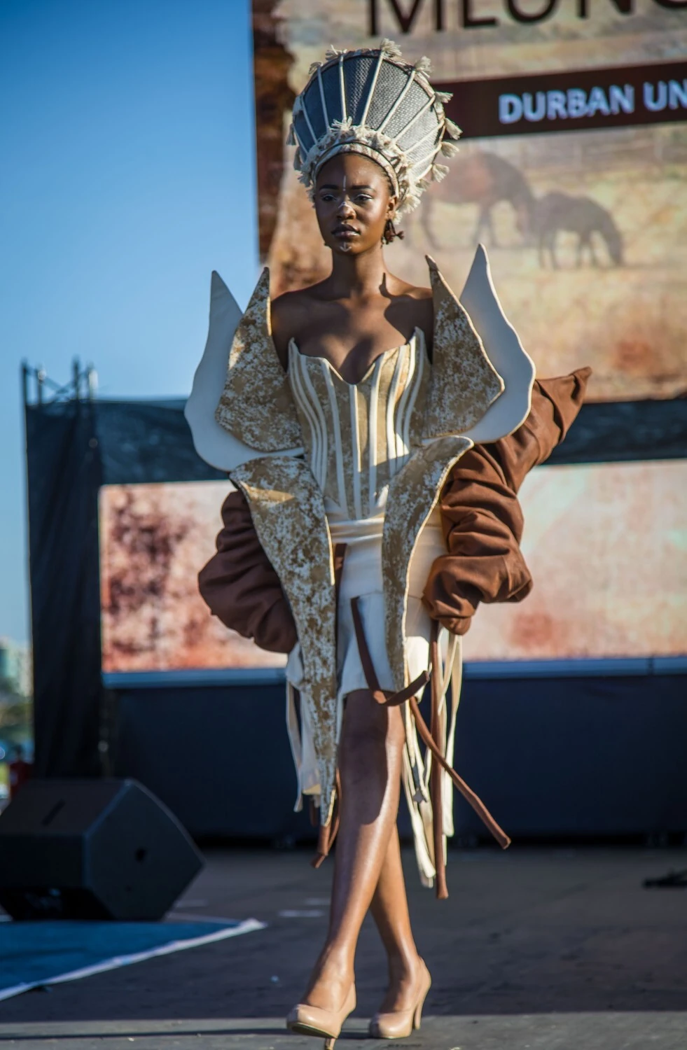 Sinegugu Mabizela shows off Mlungisi Ndlovu outfit which won the Young Designer Award presented by Metro FM.