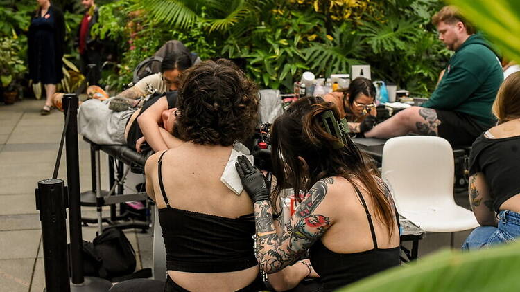 Wide shot view of people getting tattoos from tattoo artists Wide shot view of people getting tattoos from tattoo artists