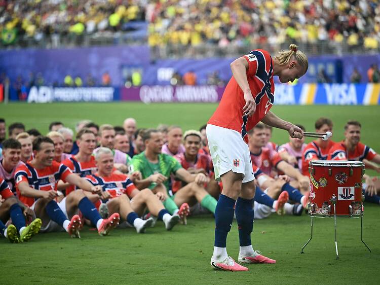 2026 World Cup Norway's Erling Braut Haaland plays the drum as Norway celebrates winning the 2026 World Cup round of 16 football match between Brazil and Norway on July 5, 2026