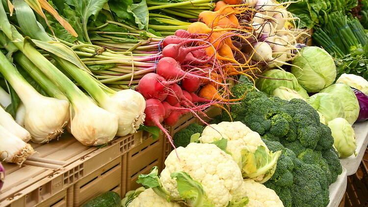 Close-up view of fresh vegetables displayed at a farmers market. Close-up view of fresh vegetables displayed at a farmers market.