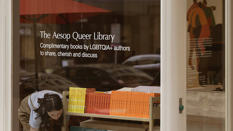 woman placing book on shelf at The Aesop Queer Library