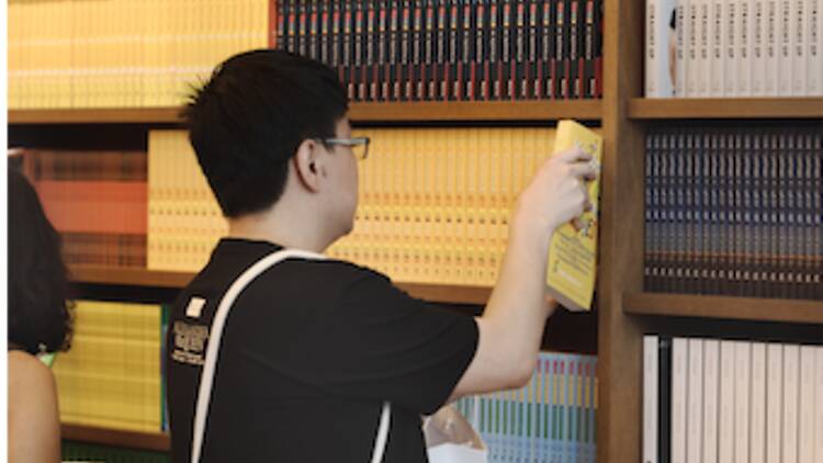 person removes book at Aesop Queer Library