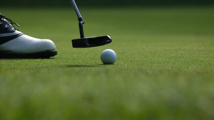 A close-up of a golf club striking a golf ball on a putting green A close-up of a golf club striking a golf ball on a putting green