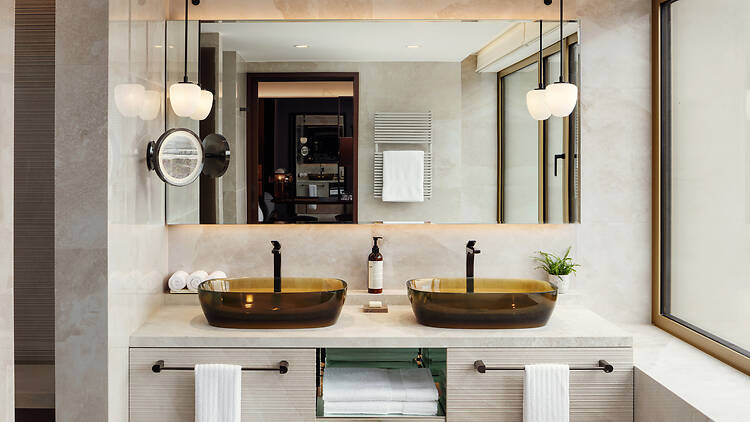 Bathroom within the Fairmont Golden Prague hotel in Czechia