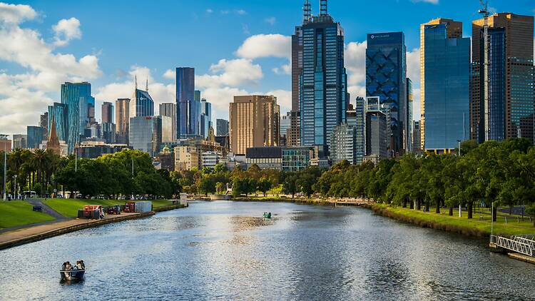 Yarra River and city view in Melbounre Modern cityscape with a river and blue sky