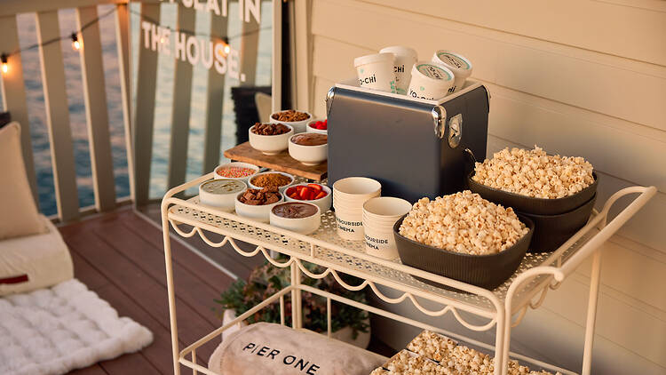 Harbourside Cinema by Pier One food trolley with popcorn, frozen yoghurt and toppings