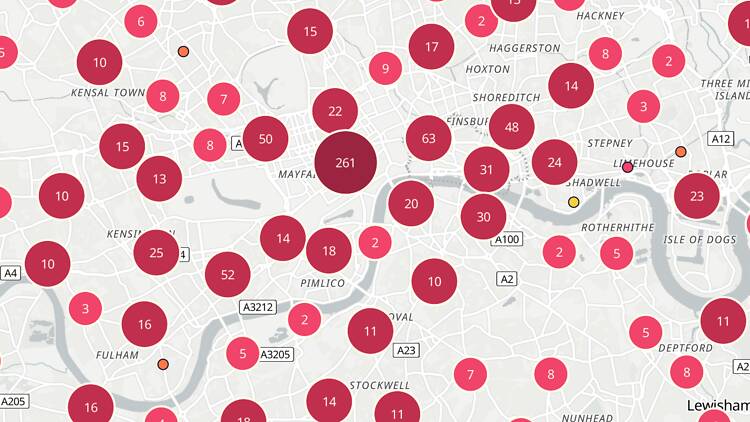 Map of air-conditioned pubs, restaurants, cafes and bars in London Map of air-conditioned pubs, restaurants, cafes and bars in London