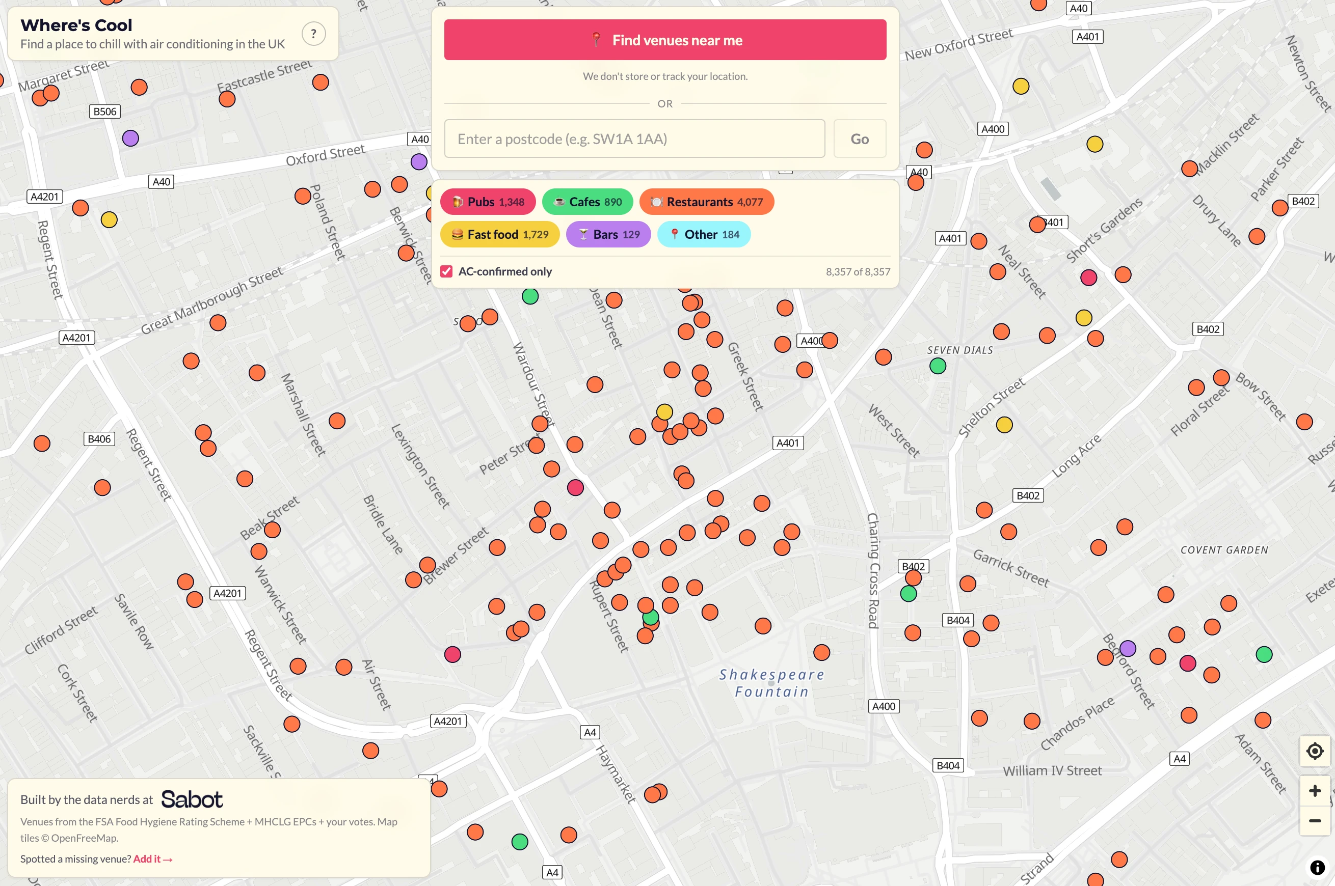 Map of air-conditioned pubs, restaurants, cafes and bars in London 