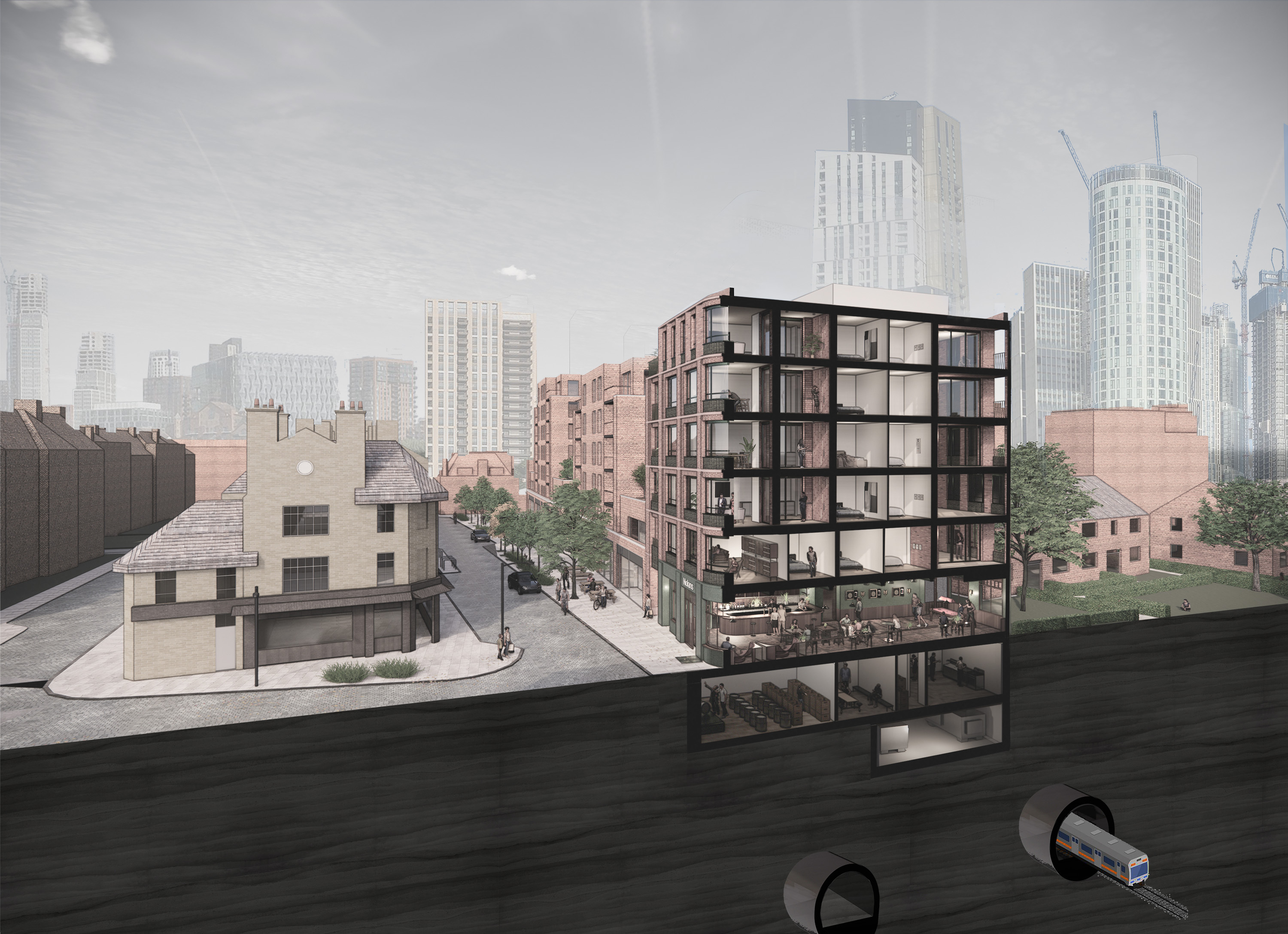Render of cross section view of Nolan's pub in Lambeth