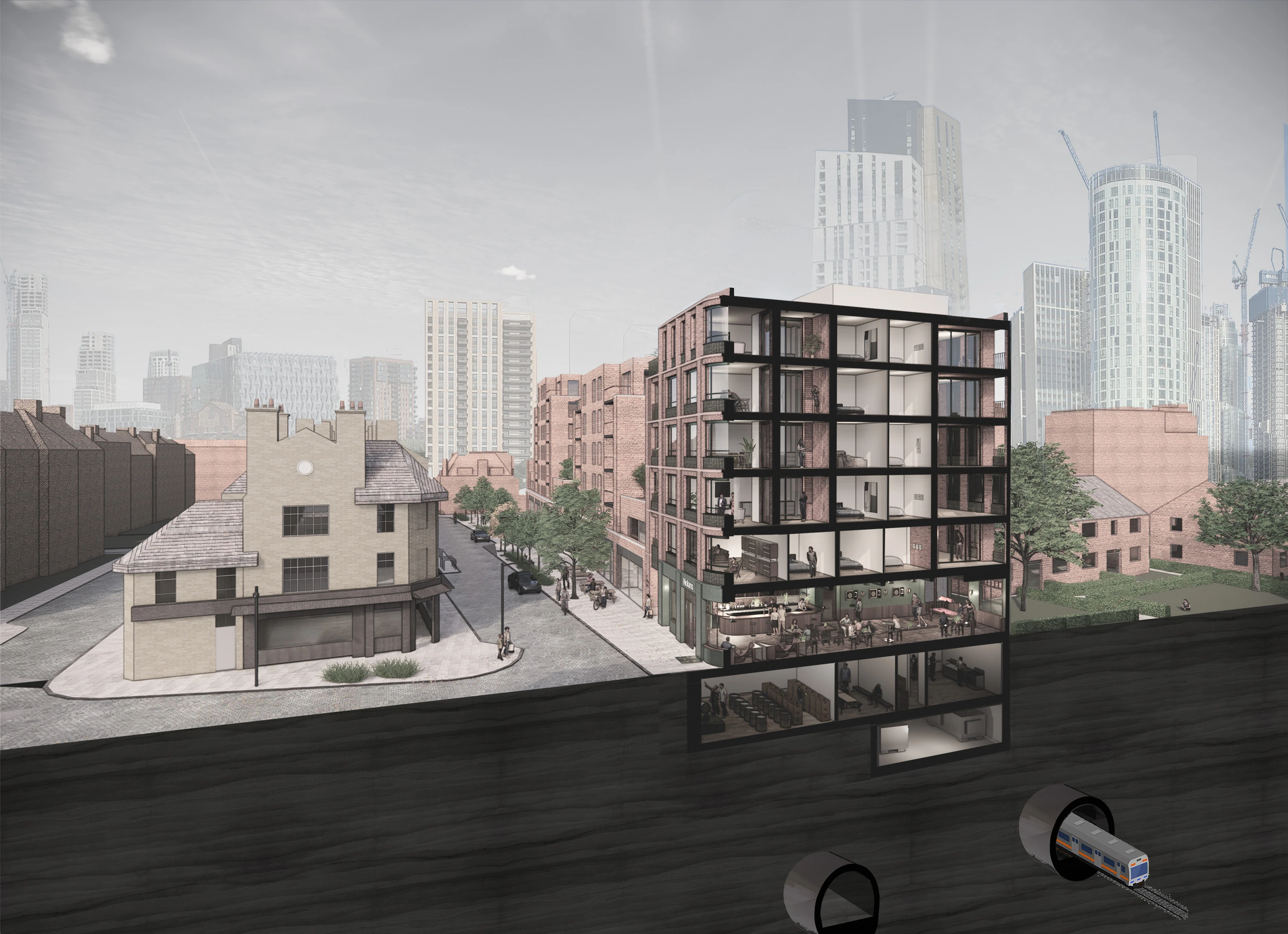 Render of cross section view of Nolan's pub in Lambeth
