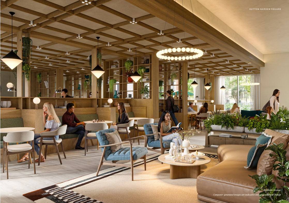 Render of co-working space in Sutton Garden Square regeneration project