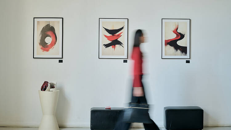 Viewing Modern Art in Gallery With Blurred Movement Individual with blurred figure walking past modern art pieces in gallery creating sense of motion, black and red abstract paintings displayed on white wall