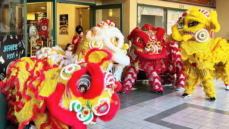 A wide shot of lion dancers performing outside a building entrance A wide shot of lion dancers performing outside a building entrance