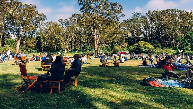 A wide shot of people relaxing in a park A wide shot of people relaxing in a park