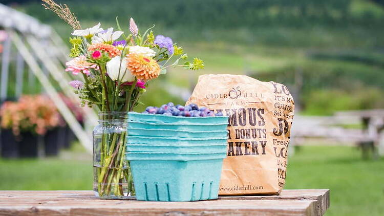 A close-up of flowers, a basket of blueberries and a bakery bag on a wooden table outdoors. A close-up of flowers, a basket of blueberries and a bakery bag on a wooden table outdoors.