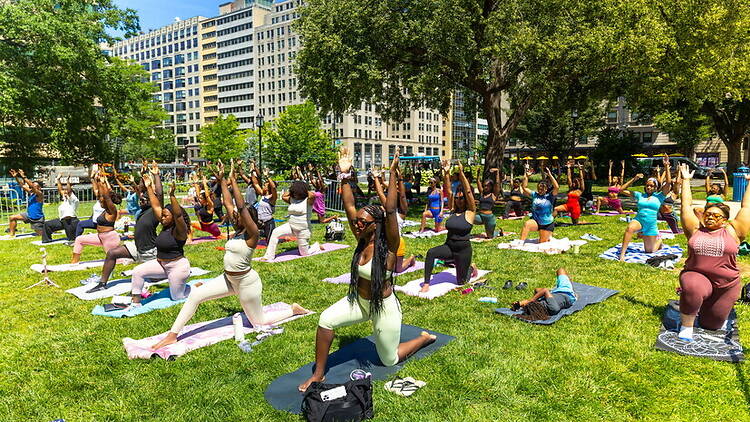 Wide show view of people practicing yoga on urban park lawn. Wide show view of people practicing yoga on urban park lawn.