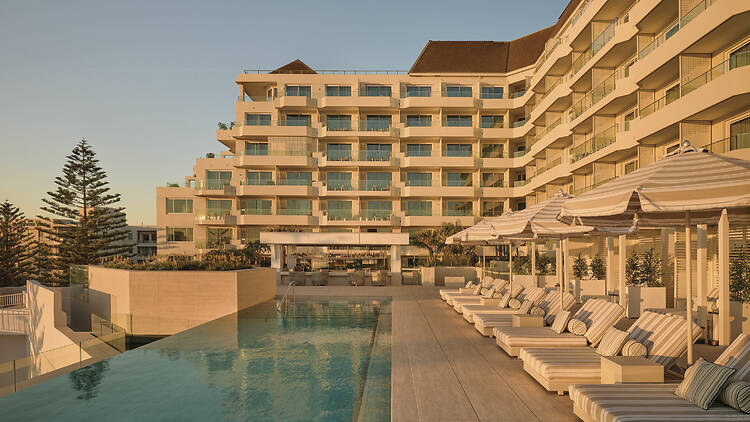 A hotel with a pool