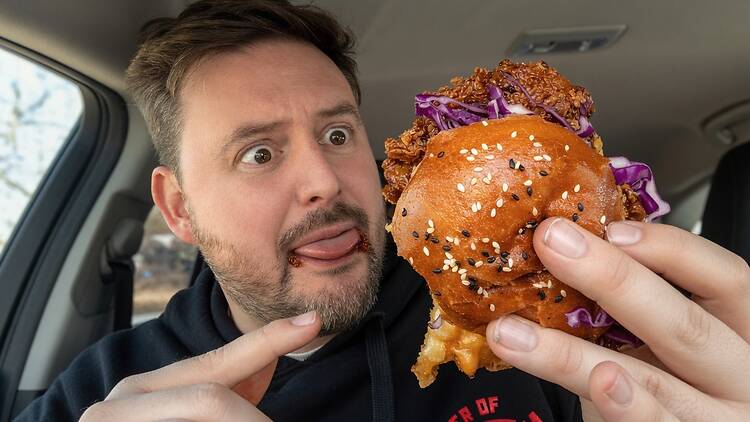 Nick Hamman at And Fries And Fries' delicious chicken burger