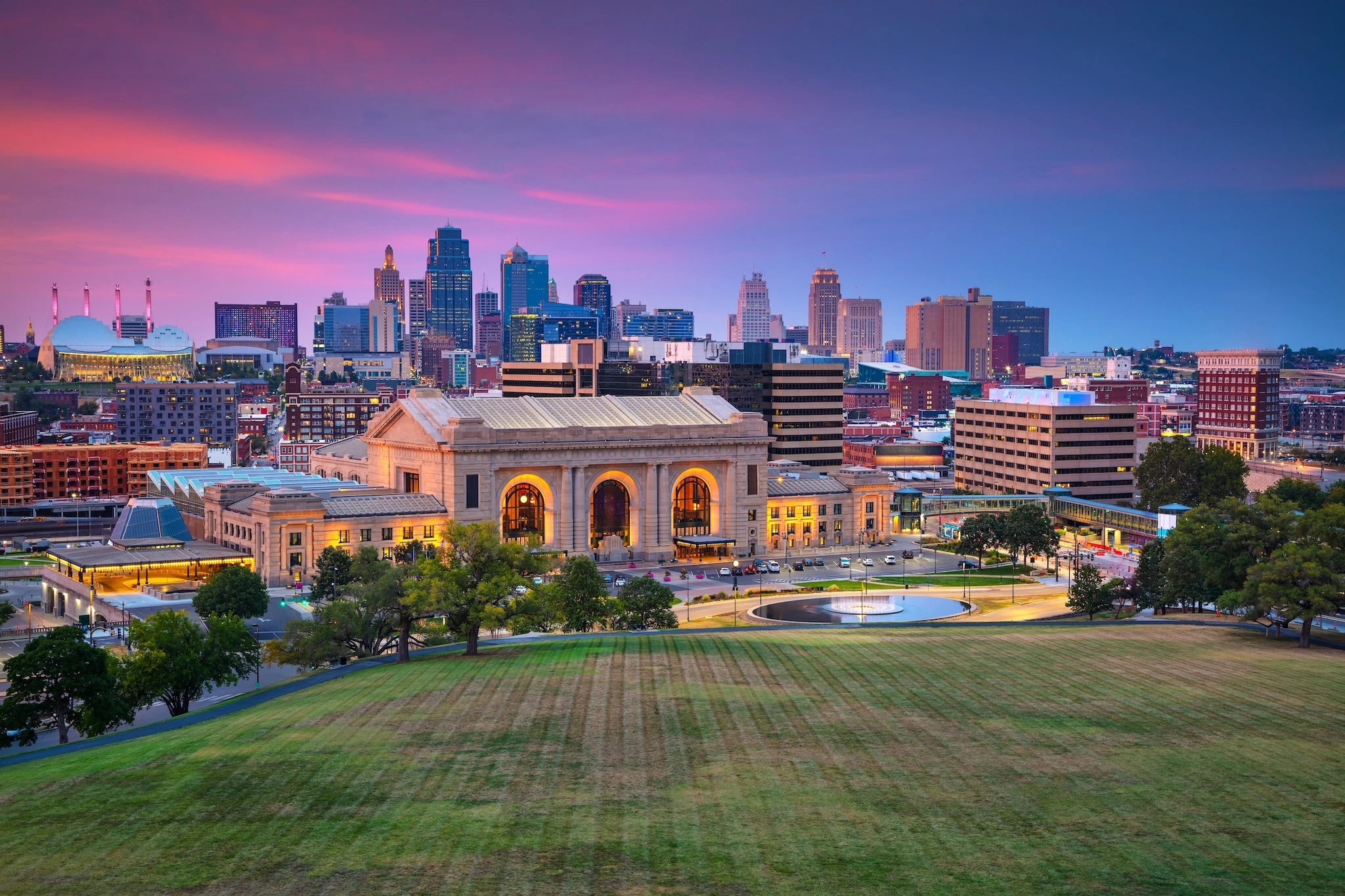  Aerial cityscape image of Kansas City skyline at twilight blue hour