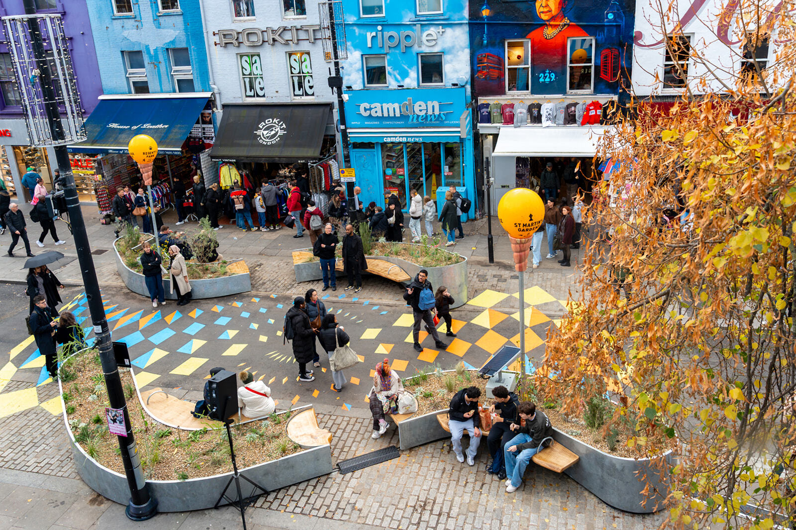 Camden High Street pedestrianisation with benches and planters