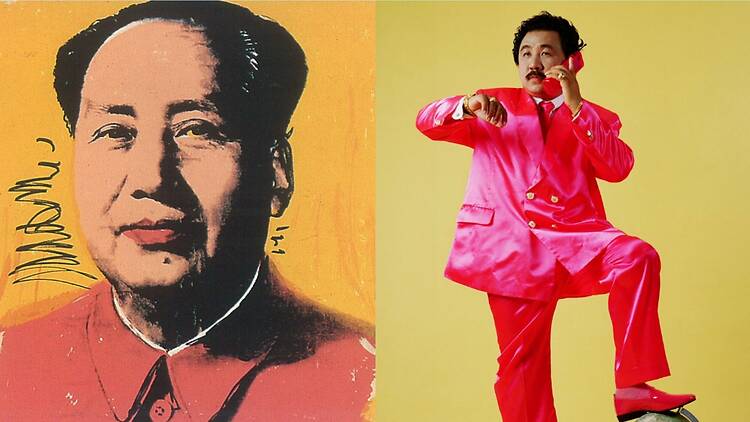 (Left to Right) Andy Warhol. Mao, 1972, Manit Sriwanichpoom. Shocking Pink Collection_ Globalizing Pink Man,1998 (Left to Right) Andy Warhol. Mao, 1972, Manit Sriwanichpoom. Shocking Pink Collection_ Globalizing Pink Man,1998