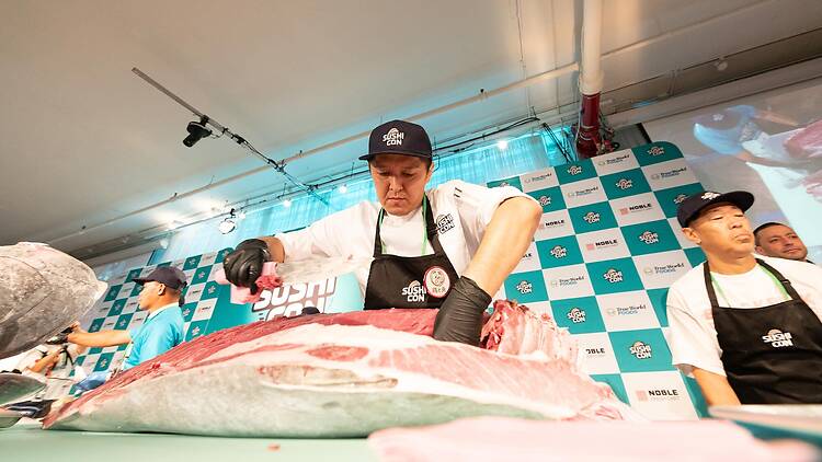 Chefs break down a 400-pound bluefin tuna. Chefs break down a 400-pound bluefin tuna.