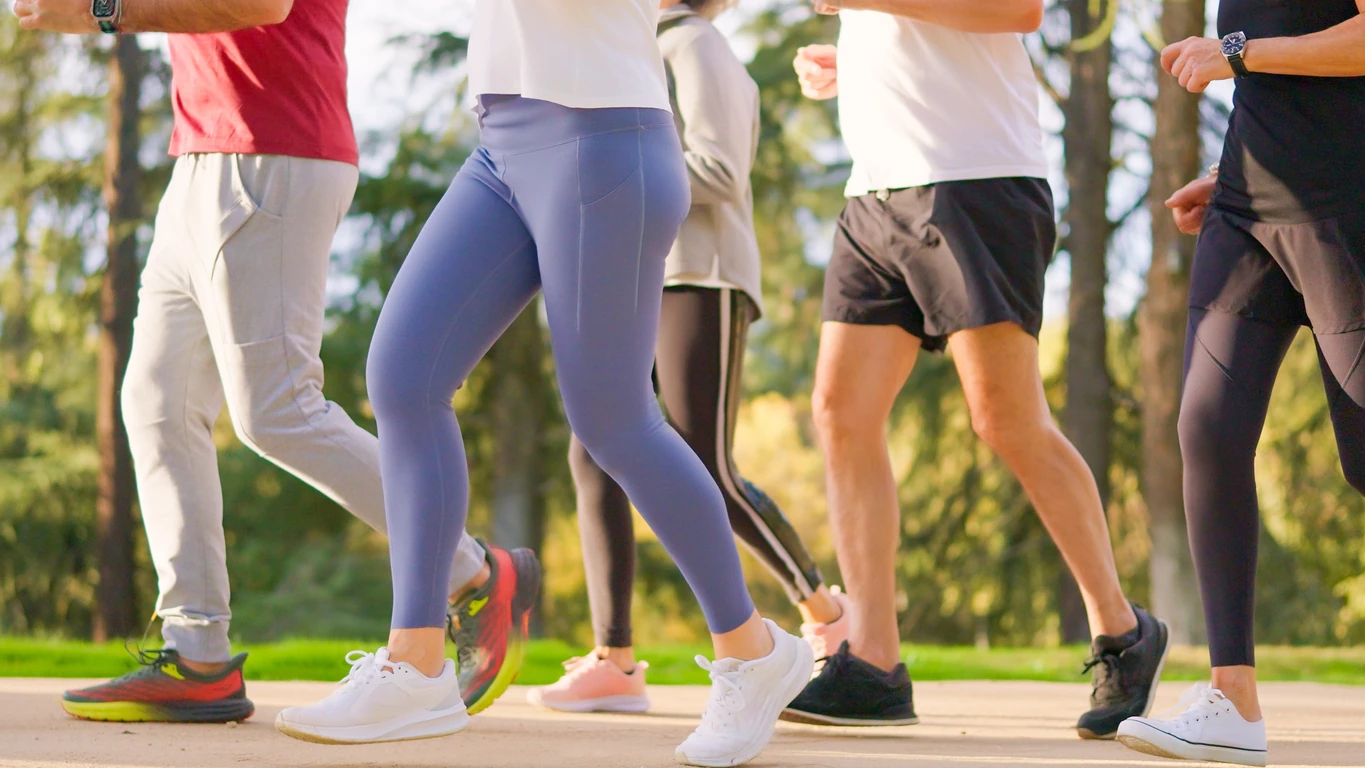 Group of active people enjoying a brisk walk together in nature