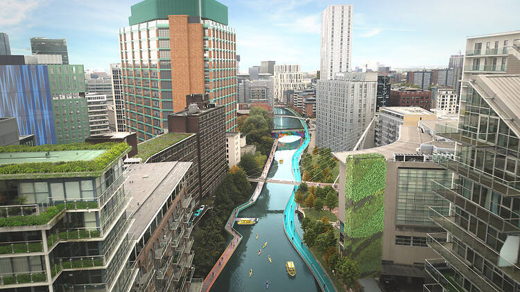 Render of the CyanLines floating walkways along the River Irwell between the cities of Salford and Manchester Render of the CyanLines floating walkways along the River Irwell between the cities of Salford and Manchester