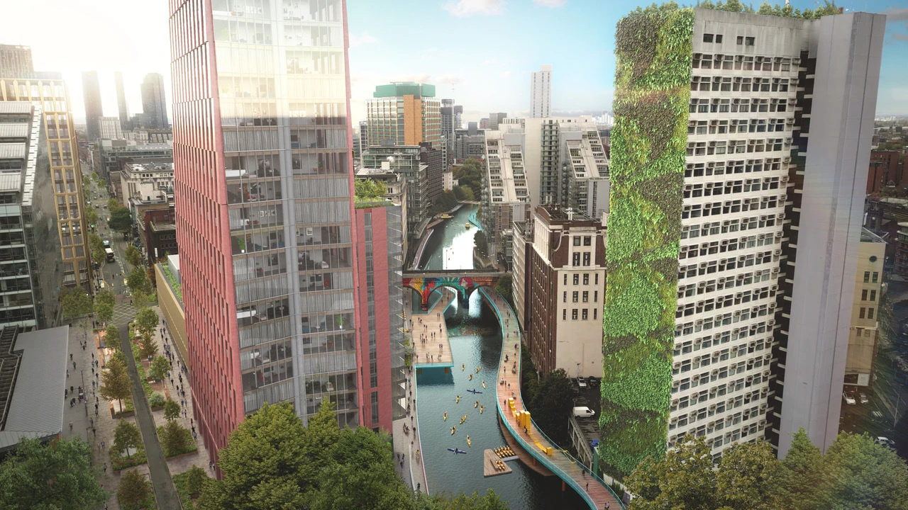 Render of the CyanLines floating walkways along the River Irwell between the cities of Salford and Manchester