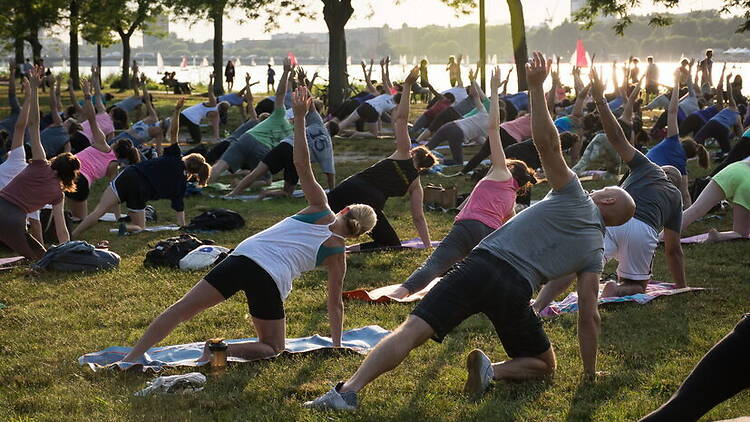 A wide shot of people doing yoga in a park by the waterfront. A wide shot of people doing yoga in a park by the waterfront.