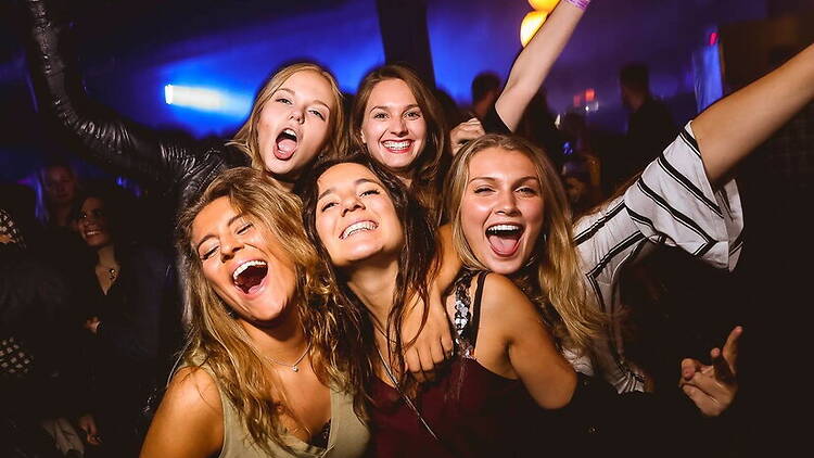 Close-up of a group of friends smiling and cheering at a nightclub. Close-up of a group of friends smiling and cheering at a nightclub.