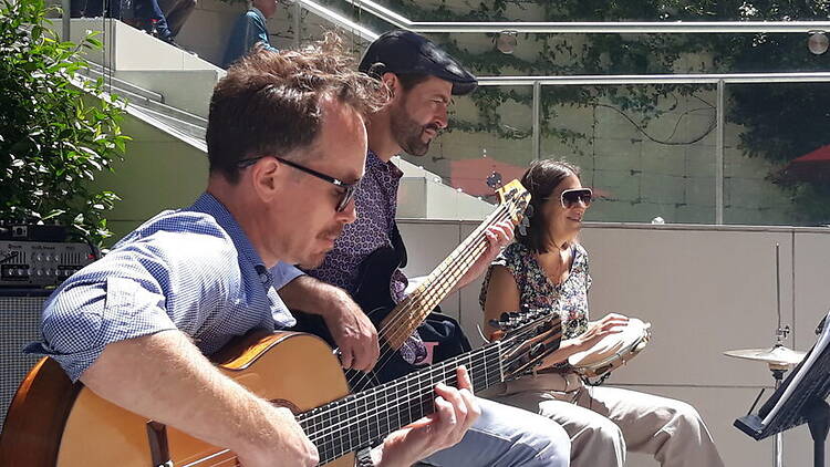 A close-up of three musicians performing outdoors on a sunny patio. A close-up of three musicians performing outdoors on a sunny patio.