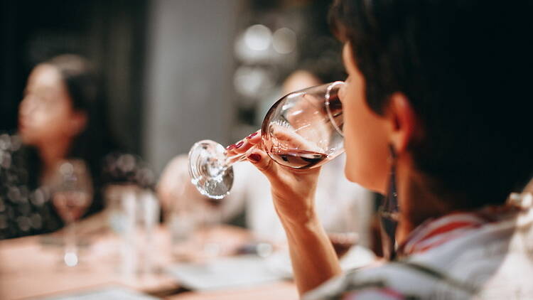 A close-up of a person sipping from a wine glass at a tasting event. A close-up of a person sipping from a wine glass at a tasting event.
