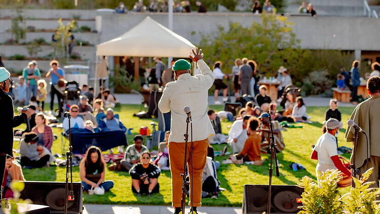 A wide shot of a performer entertaining a seated crowd on a lawn at an outdoor event. A wide shot of a performer entertaining a seated crowd on a lawn at an outdoor event.